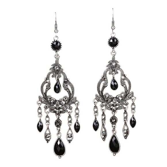 2/$24 Vintage-Style Silver Plated Black Chandelier Dangle Earrings - Picture 5 of 8